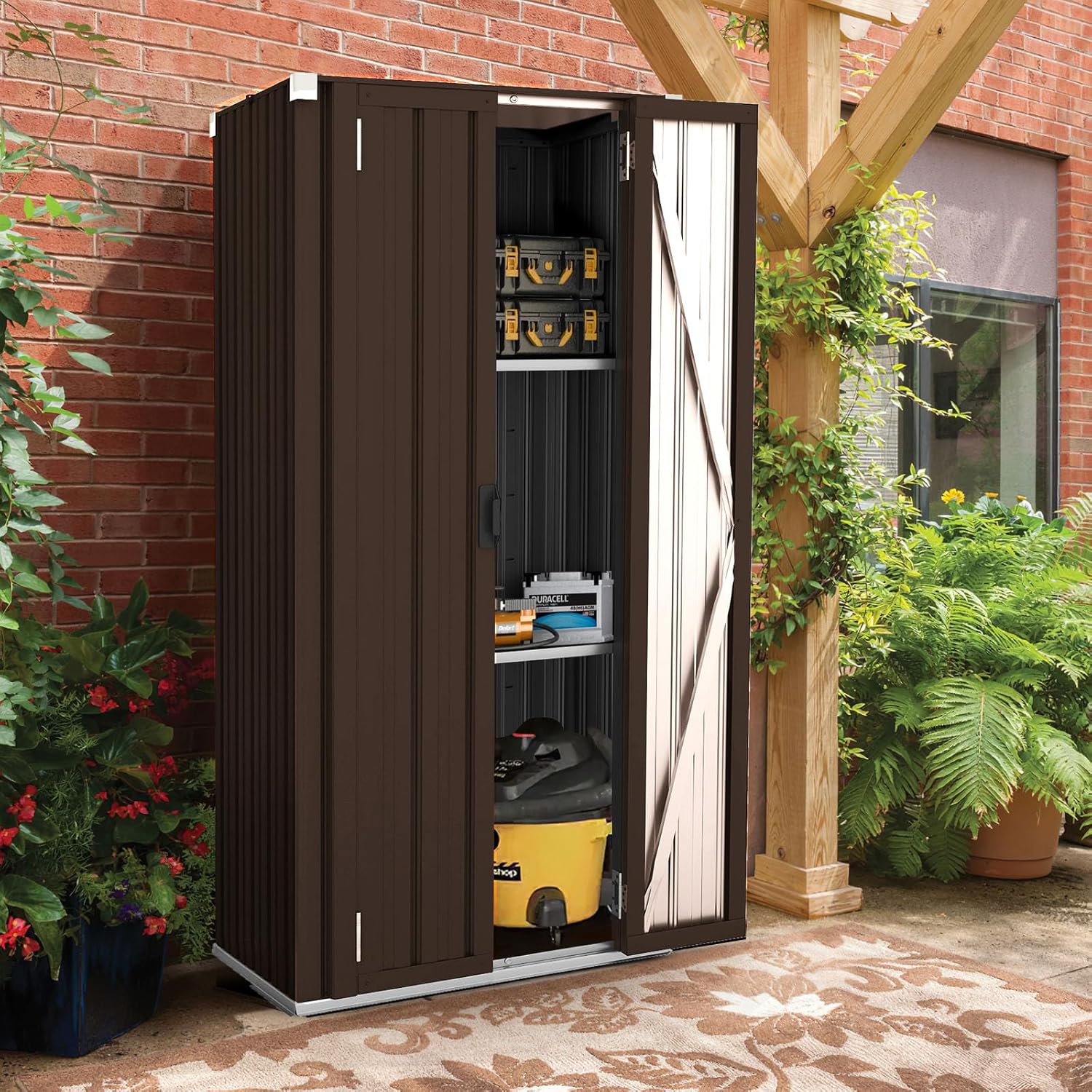 AECOJOY Outdoor Storage Cabinet Waterproof with Shelves, Vertical Tall Garden Outdoor Cabinet, Sheds & Outdoor Storage Clearance Cabinet Weatherproof for Outside in Brown