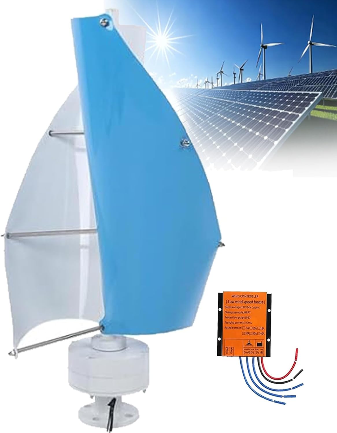 14000W Vertical Wind Turbine Generator Kit - 12V/24V/48V, 2-Blade Permanent Magnet, 42.65ft/s, Ideal for Mobile Homes & Cabins, Complete with Controller (Blue, 24V)