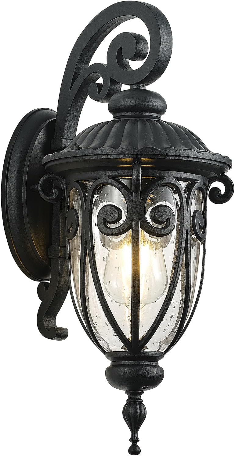 Antique Black Outdoor Wall Light Fixture for Garage, 18in High Exterior Porch Lantern for Patio, Vintage Outside Wall Sconce Lights with Clear Seeded Glass for House, Entryway