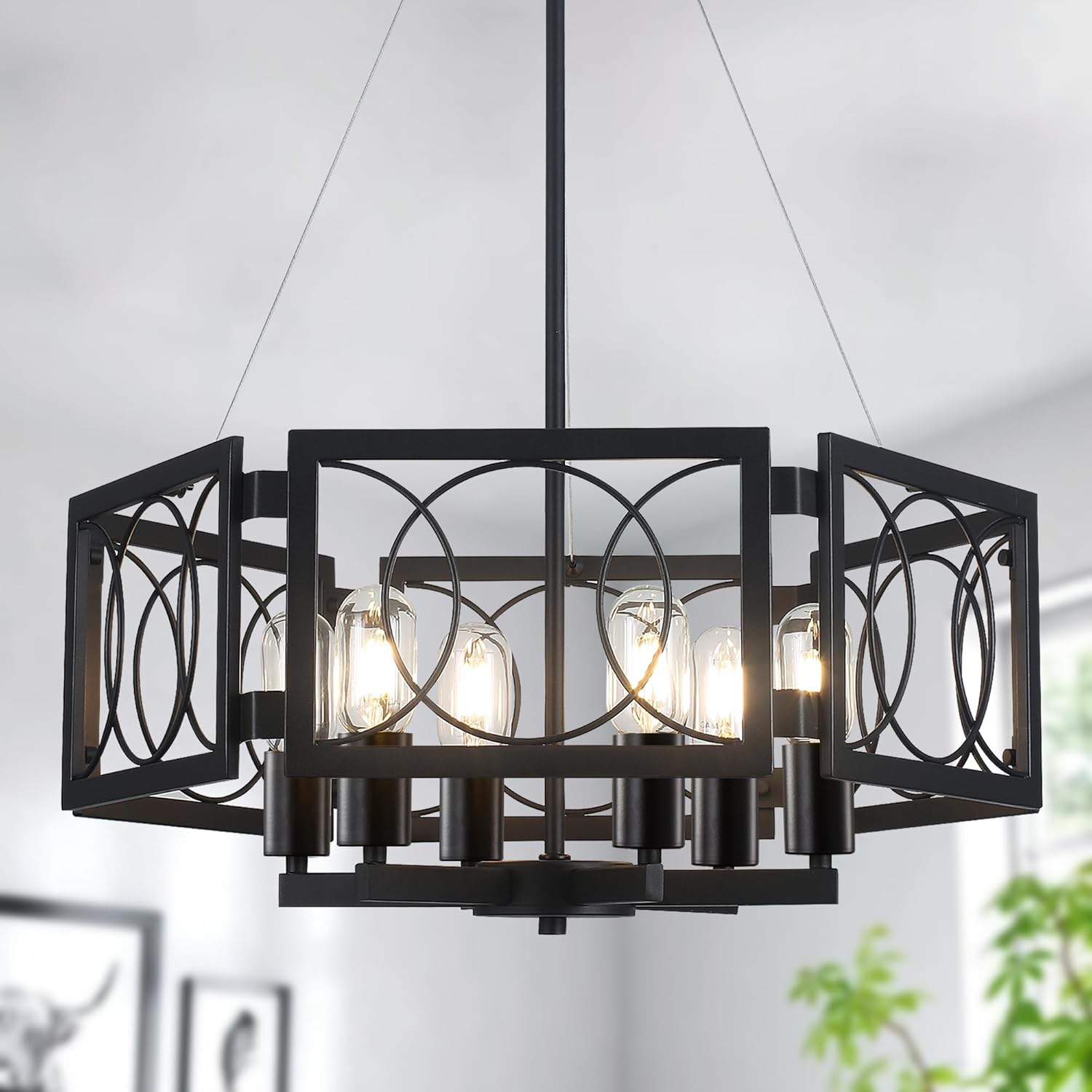 22.83'' Black Farmhouse Chandelier for Dining Room, Large Modern Industrial Geometric Pendant Lighting Fixture Adjustable Hanging Lights for Kitchen Island Foyer Hallway
