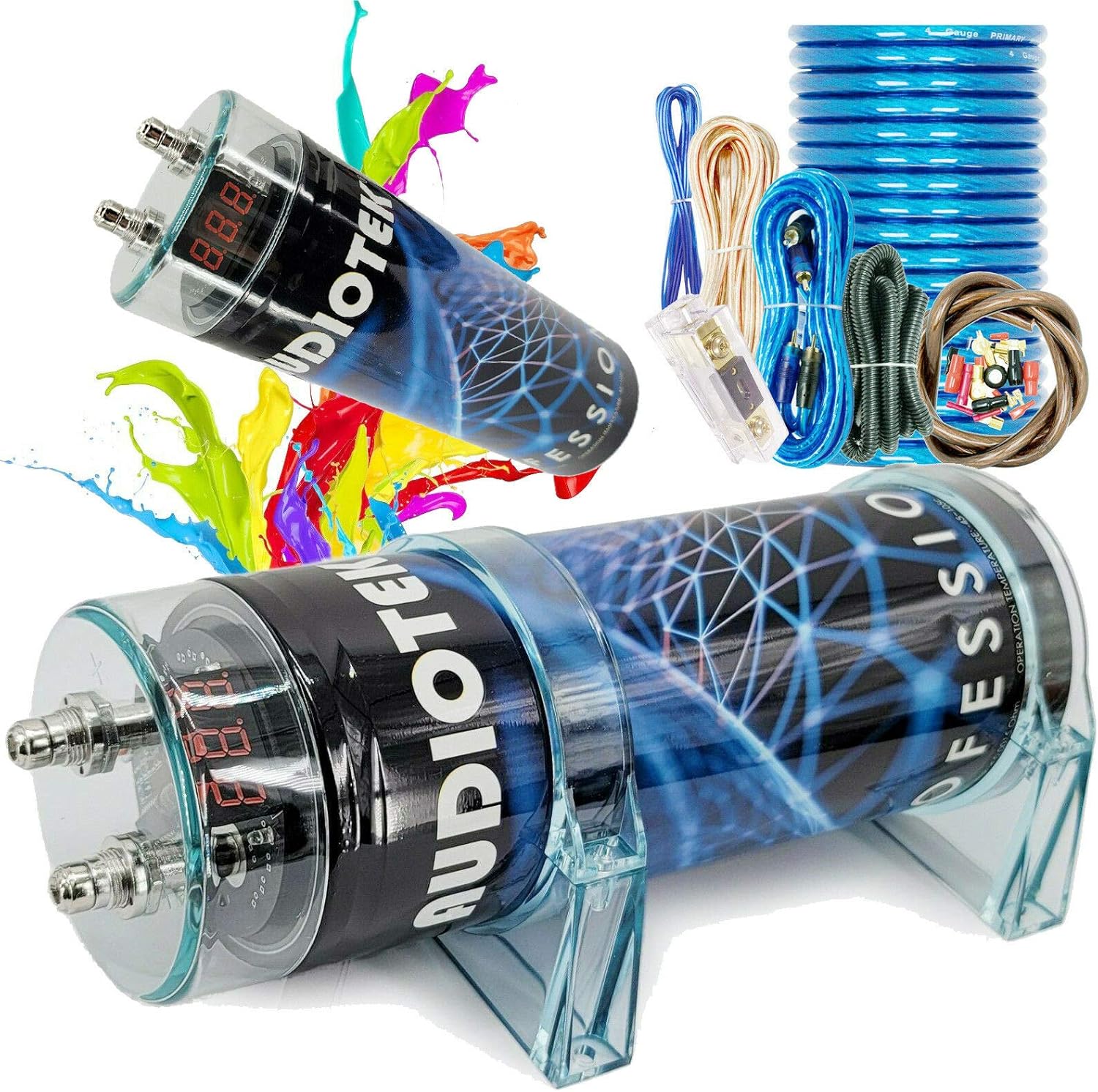 Audiotek at-3.5 Farad Capacitor with Car Audio 3500 Watts Power 12V Car Digital Power and Audiotek Complete BCC4AB 4 Gauge Amplifier Installation Wiring Kit Blue