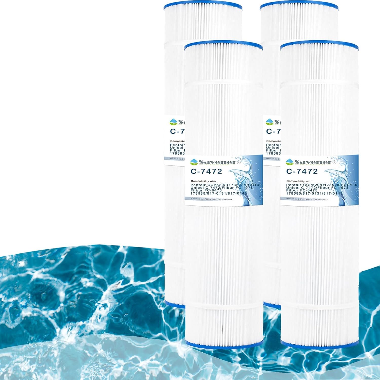 Savener® C-7472 Pool Filter Cartridge, Replaces Pentair CCP520, R173578, PCC130, 178585, 817-0131, 817-0143, FC-1978, Filbur FC-6475, Ultral-A7, 160332, PLFPCC130, 71252, 525, 125 Sq. Ft, 4 Pack