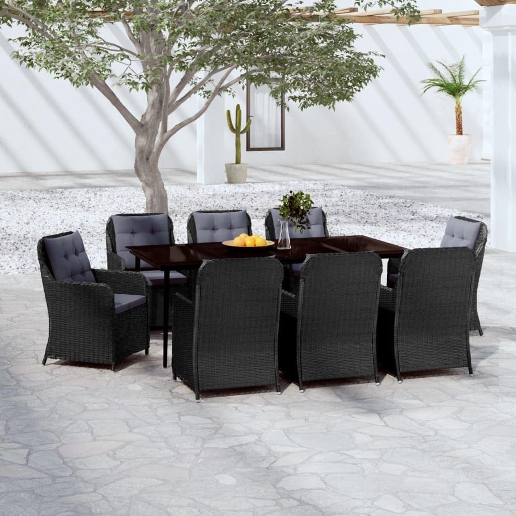 9 Piece Patio Dining Set Black,Outdoor Dining Set with Cushioned Chairs and Glass Tabletop for Patio and Garden Furniture Sets for Patio, Lawn & Garden