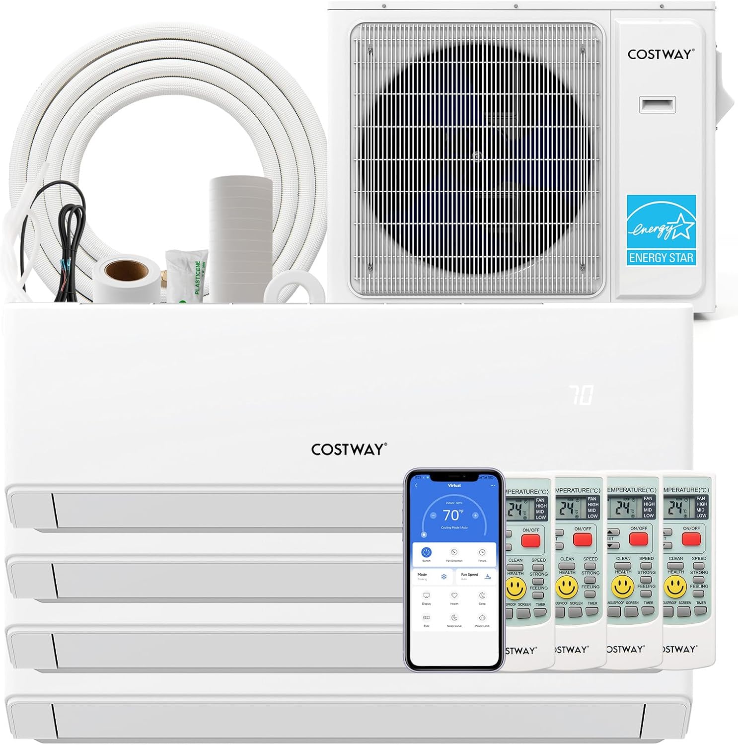 COSTWAY 30k Quad 4 Zone Mini Split Air Conditioner, 23 SEER2, 7k+7k+9k+12k BTU, 208-230V, Wifi Enabled Multi Zones Mini Split AC Heat Pump Full Set, Ductless Energy Star
