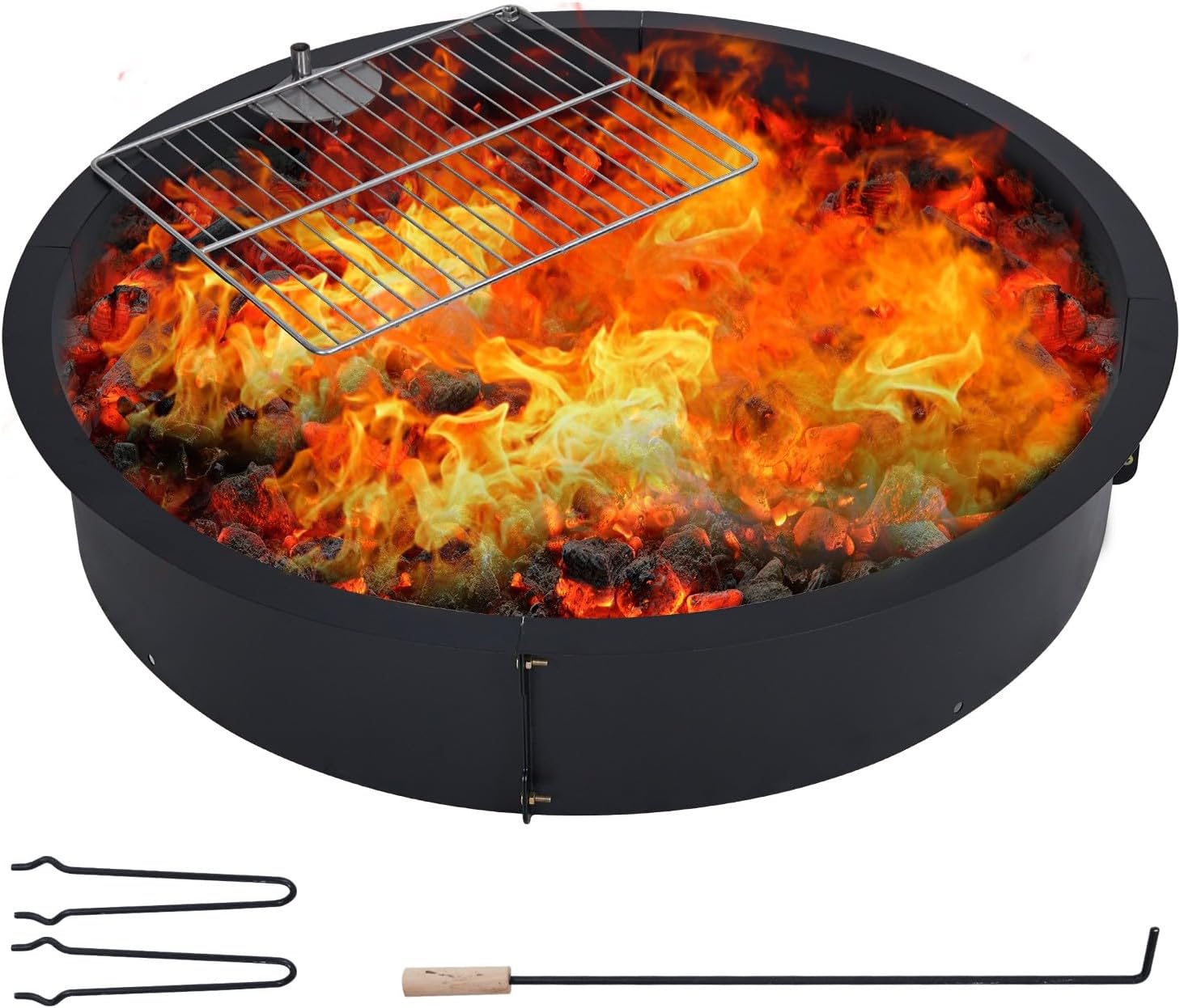 40 Inch Outer / 36 Inch Inner Fire Pit Ring, Round Smokeless Wood Burning Fire Pit Insert, Heavy Duty Steel DIY Fire Ring with Poker, Above or In Ground Use for Patio Garden Backyard Camping