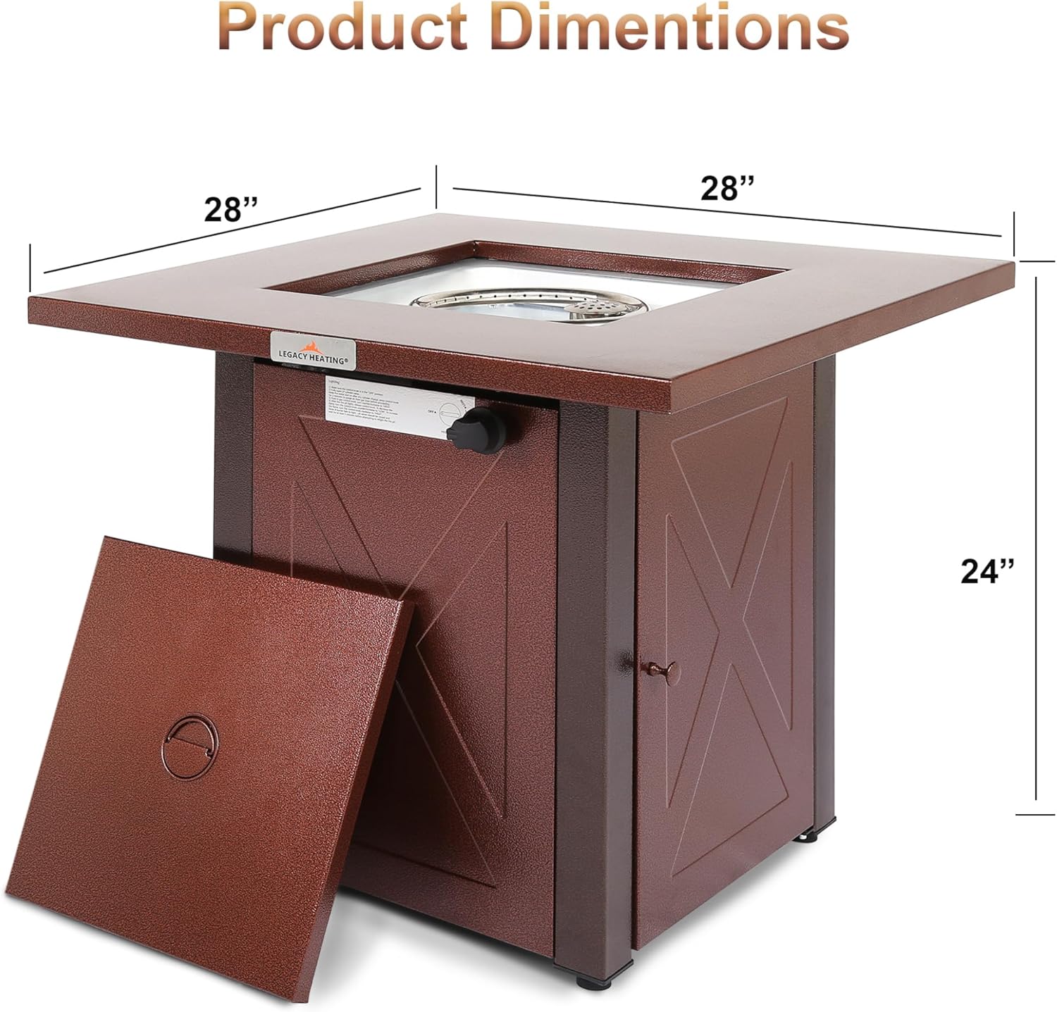 28 Inch Outdoor Propane Fire Pit Table, 50,000 BTU Square Gas Fire Table, Brown Hammered Gold Finish, Rust-Resistant Steel, Brown Finish, for Patio and Backyard Heating with Lava Rocks and Lid