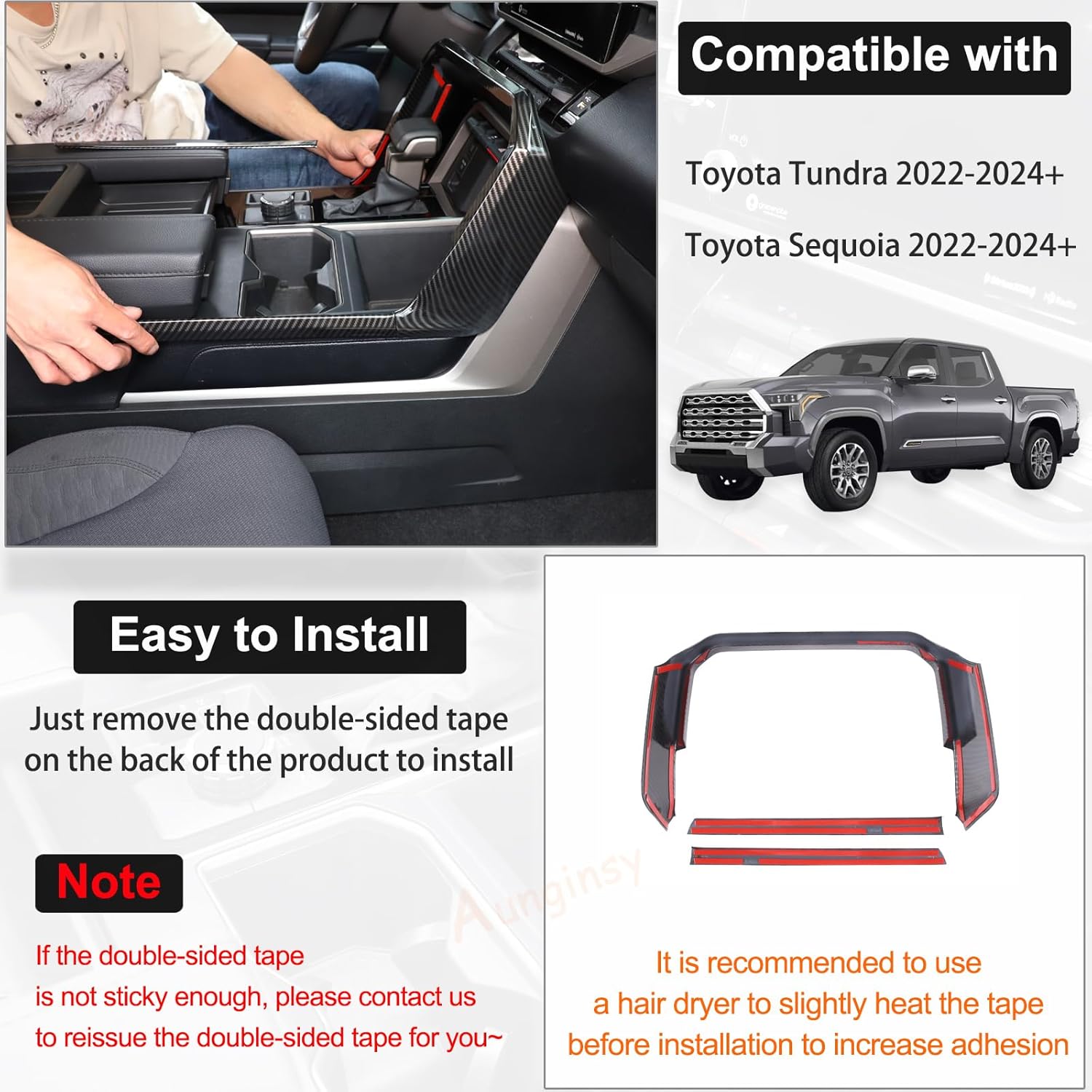 Aunginsy Center Console Gear Box Shift Panel Frame Trim Compatible with Toyota Tundra/Sequoia 2022-2024 Central Control Gear Shifter Box Side Panel Protect Strip Decorative Cover Interior Accessories