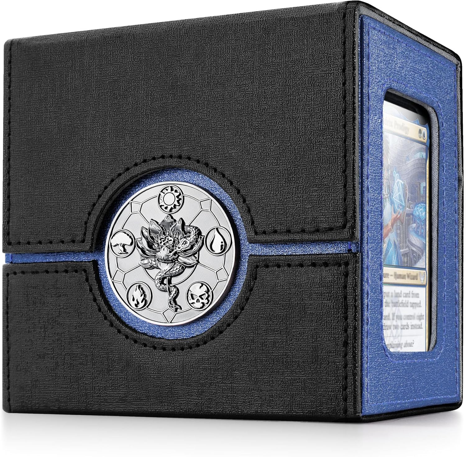 Kabinka Card Deck Box for MTG with Commander Display, MTG Deck Box with Metal Emblem(Black& Blue, Lotus)