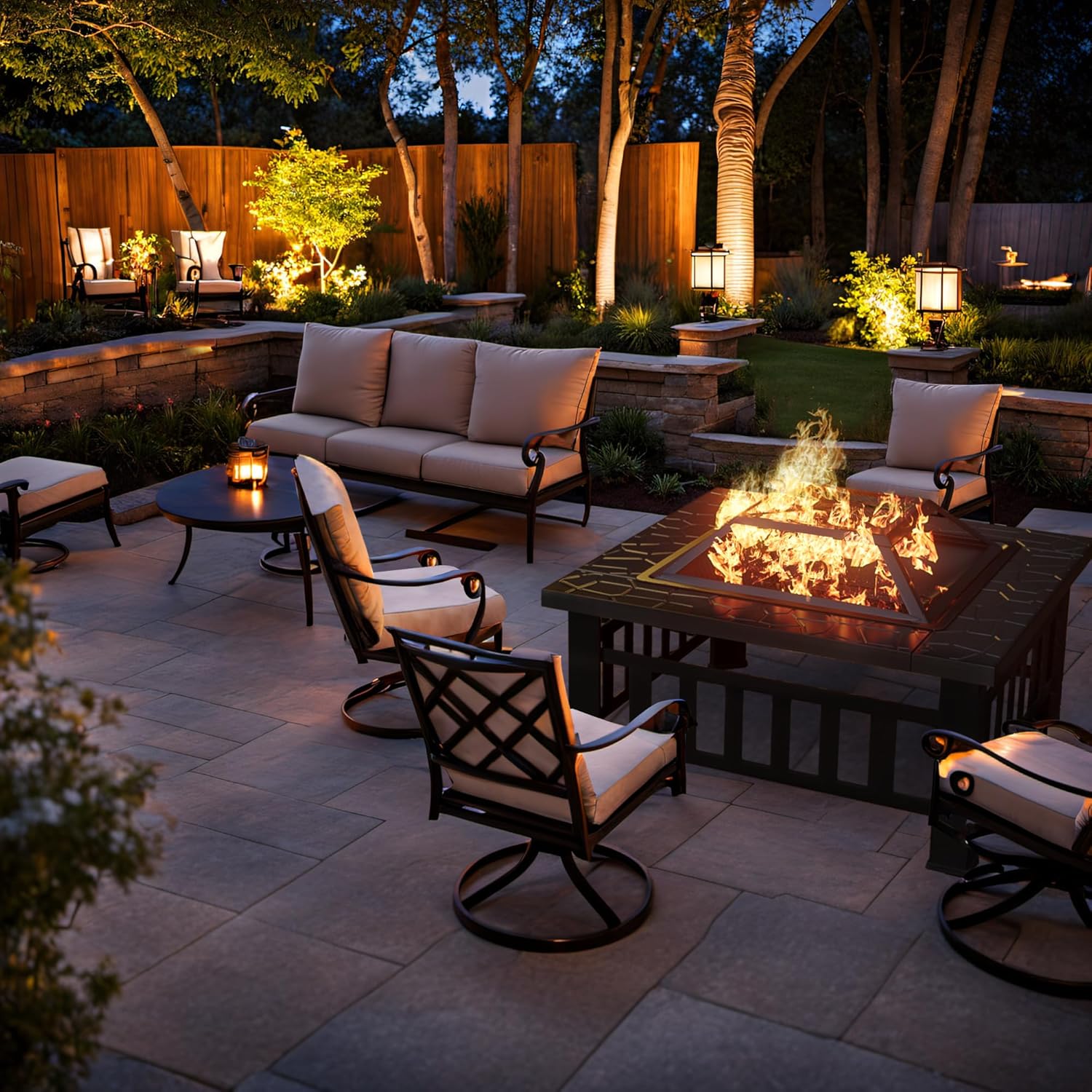 Greesum Multifunctional Patio Fire Pit Table, 32in Square Metal BBQ Firepit Stove Backyard Garden Fireplace with Spark Screen Lid and Rain Cover for Camping, Outdoor Heating, Bonfire, Dark Black