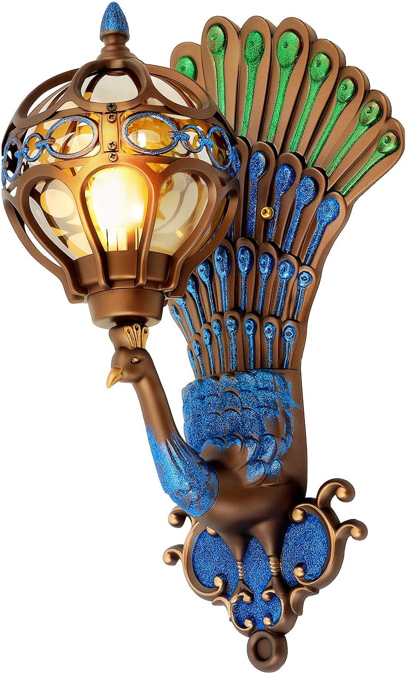 Peacock Wall Light, Retro Aluminum Peacock Wall Exterior Lantern with Glass Shade, Vintage Art Decor Outdoor Waterproof Walls Lamps Sconce Porch Light Fixture for Garden Corridor Garage Entryway