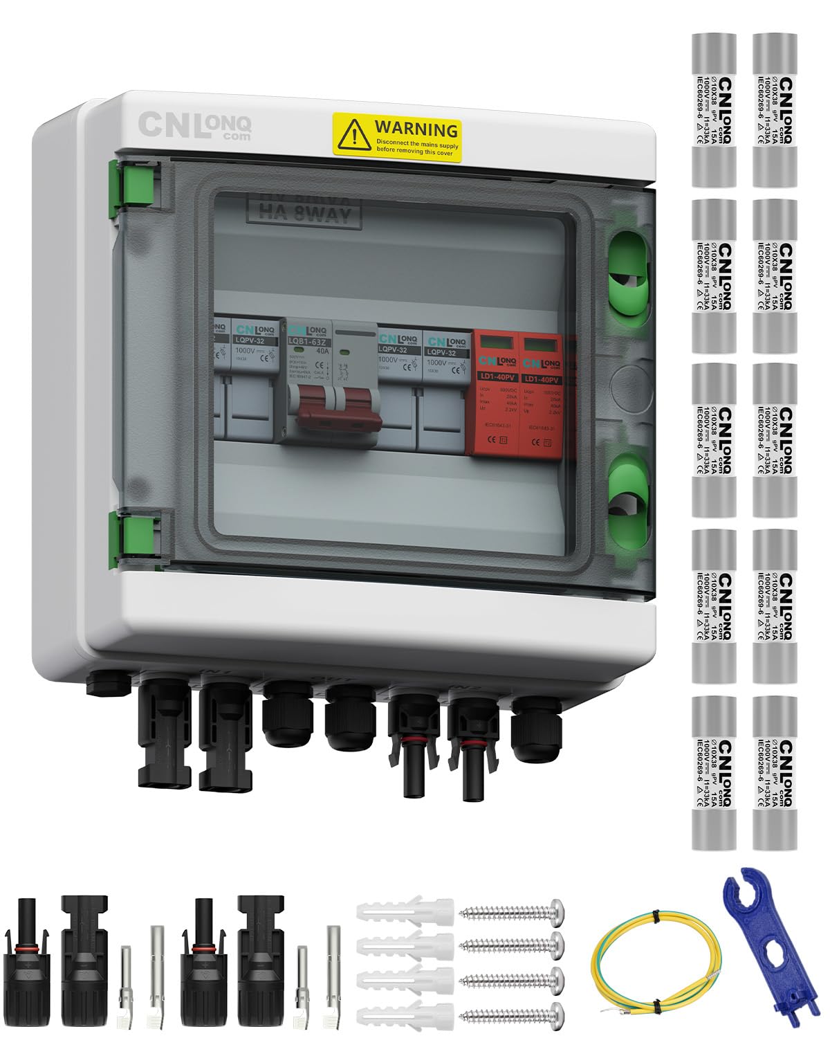 2 String Solar PV Combiner Box IP65 2 in 1 Out DC500V 40A Circuit Breaker & 10pcs Fuse Link 15A 1000V DC with Surge Protector and 20A PV Fuse,Solar Disconnect Switch Outdoor Waterproof for Solar Panel