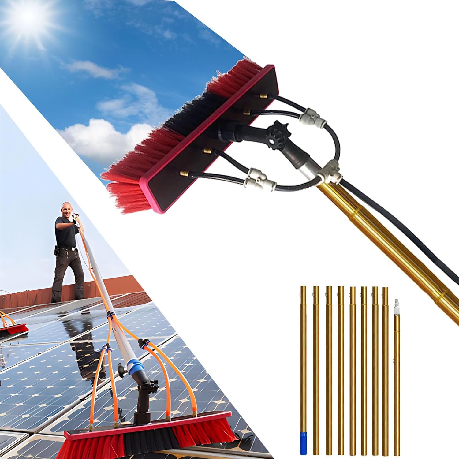 20FT Window Cleaning Pole Kit Water/Hose Fed Pole with Cleaning Brush Equipment for Photovoltaic and Solar Panels Conservatory Roof Cleaner