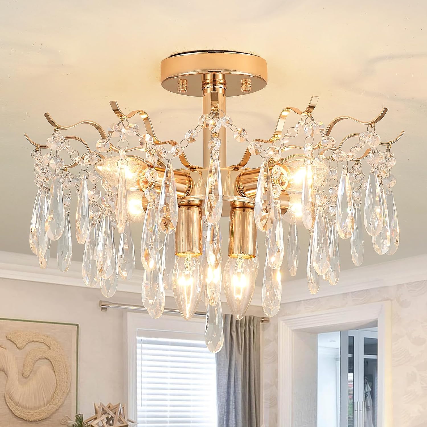 17” Semi Flush Mount Ceiling Light K9 Crystals Classic 6-Lights Brass Chandelier Modern Ceiling Lighting Fixtures for Bedroom Living Room Dining Room Kitchen Hallway, UL Listed