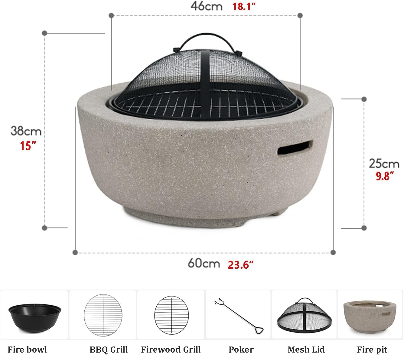 Outdoor Fire Pit Garden Wood Burning Fire Pit BBQ Grill Table - 60cm/23in, Outdoor Wood Burning Fire Bowl with Spark Screen Cover and Poker