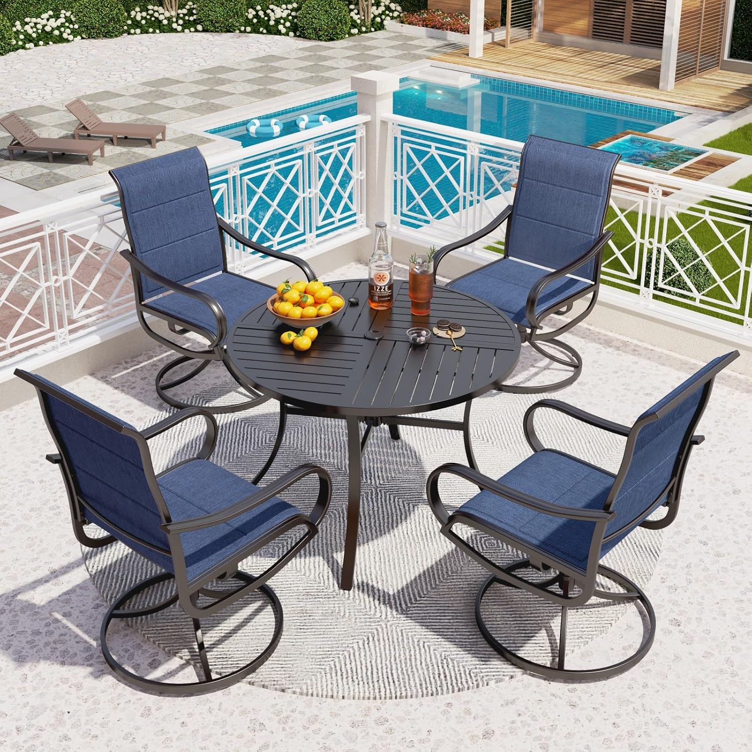 PHI VILLA 5 Piece Outdoor Patio Dining Set with 4 Padded Swivel Dining Chairs & 1 Large Round Dining Table, All Weather Blue Chair and Metal Table for Deck Lawn Garden