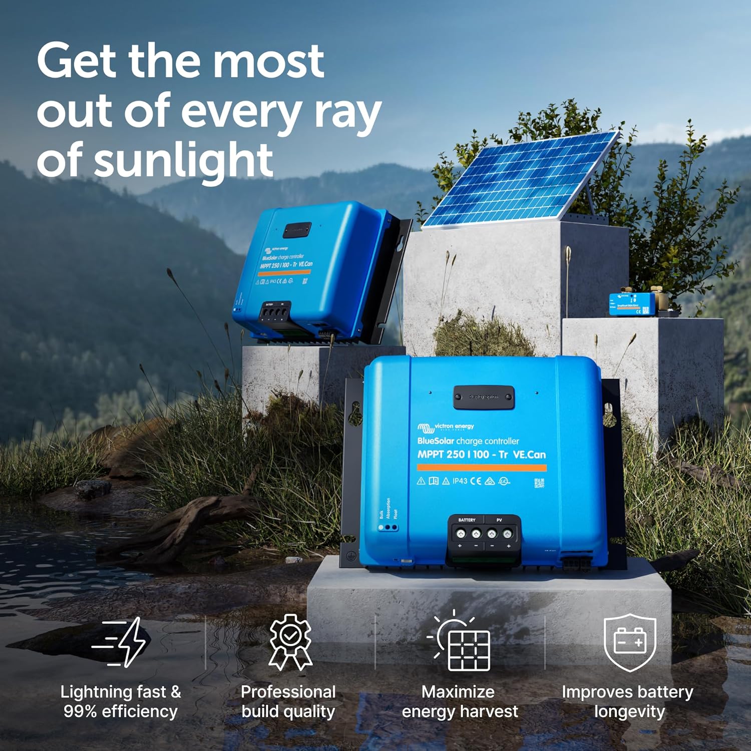 Victron Energy BlueSolar MPPT Tr VE.Can Solar Charge Controller - Charge Controllers for Solar Panels - 250V, 100 amp, 12/24/36/48-Volt