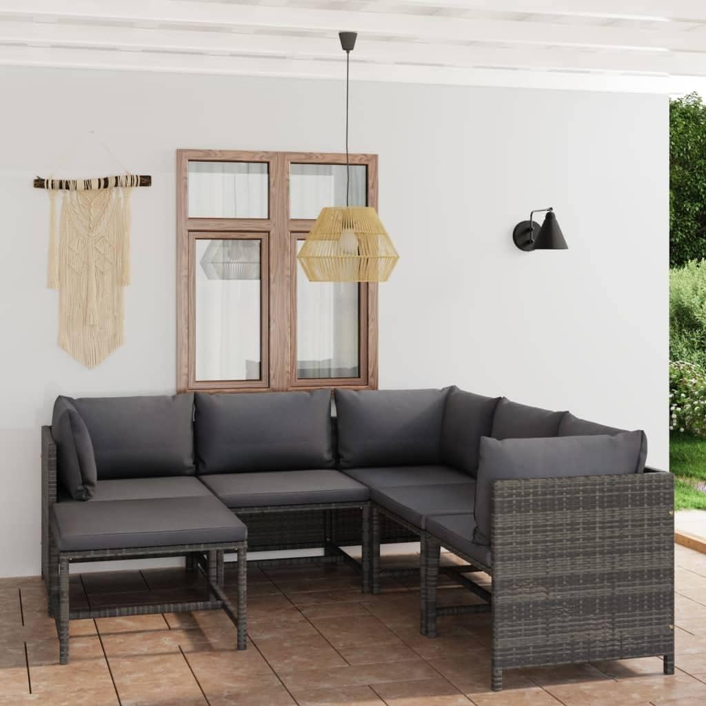 6 Piece Patio Lounge Set with Cushions Poly Rattan Gray,Premium Outdoor Patio Lounge Set with Comfortable Cushions and Modular Design Patio Furniture, Outdoor Furniture Sets