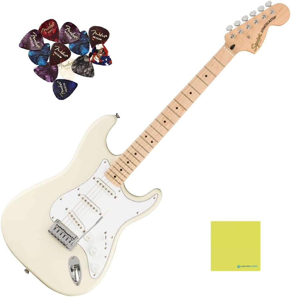 Fender Affinity Series™ Stratocaster®, Maple Fingerboard, Olympic White, 0378002505 Bundle w/12-Pack Guitar Picks and Liquid Audio Polishing Cloth