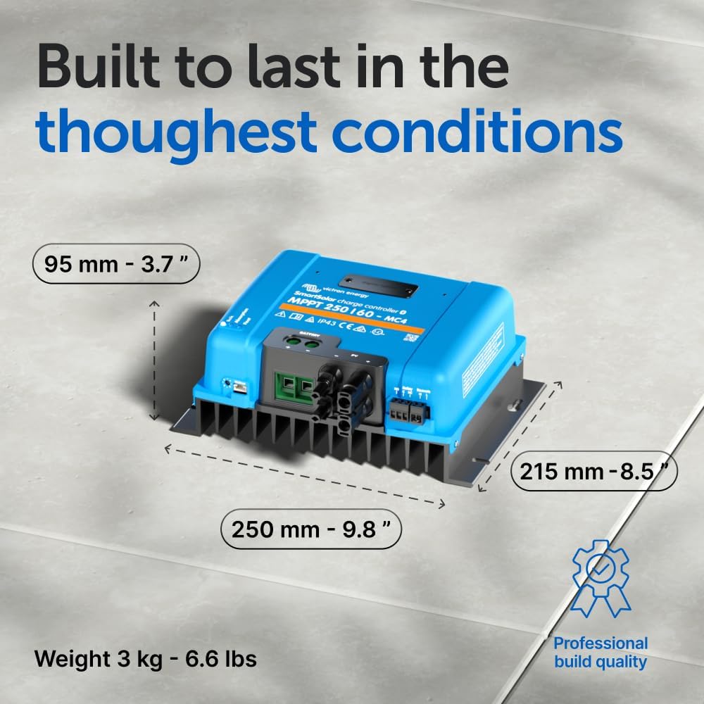 Victron Energy SmartSolar MPPT MC4 Compatible Solar Charge Controller (Bluetooth) - Charge Controllers for Solar Panels - 250V, 60 amp, 12/24/36/48-Volt