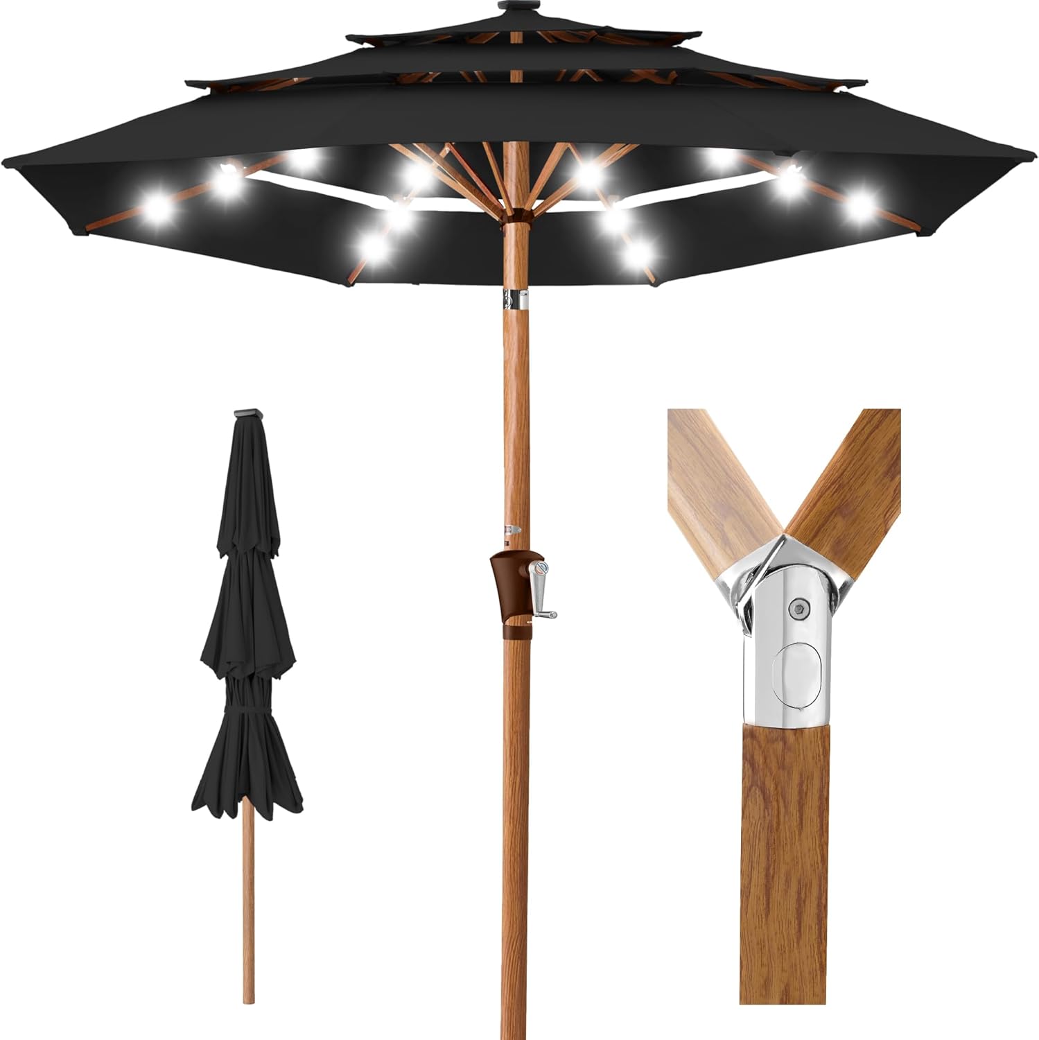 Best Choice Products Woodgrain Pattern 10ft 3-Tier Solar Patio Umbrella w/ 24 LED Lights Tilt