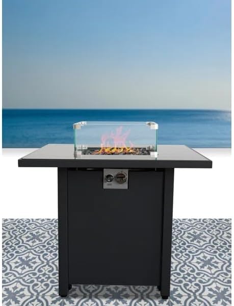 30 Inch Black Powder-Coated Metal Fire Pit with Smoked Glass Top - 40,000 BTU, Propane, Perfect for Backyard Gatherings