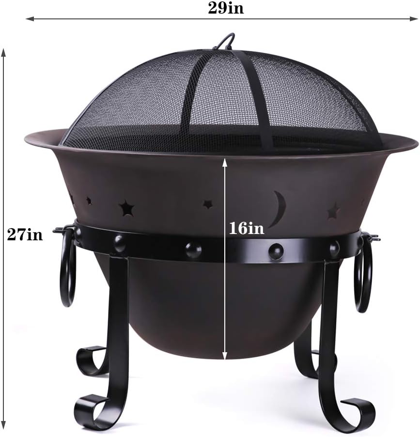 Cast Iron Fire Pits, Outdoor Round Wood Burning Fire Pit Bowl with Mesh Screen,Fireplace Poker,29 inch cast Iron Black