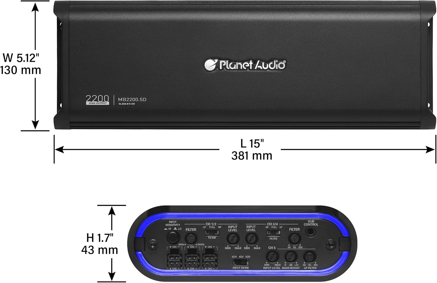 Planet Audio MB2200.5D 5 Channel Car Amplifier - 2200 High Output, 2-8 Ohm Stable, Low/High Level Inputs, Low/High Pass Crossover, Bass for Subwoofer