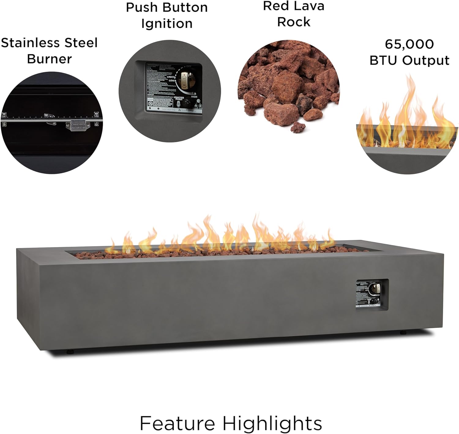 Real Flame Aegean 70in Rectangle Propane or Natural Gas Fire Pit Table, 65,000 BTU, Powder-Coated Steel, Push-Button Ignition, CSA Certified, Lava Rock, Storage Cover, Stainless Steel Burner with Lid