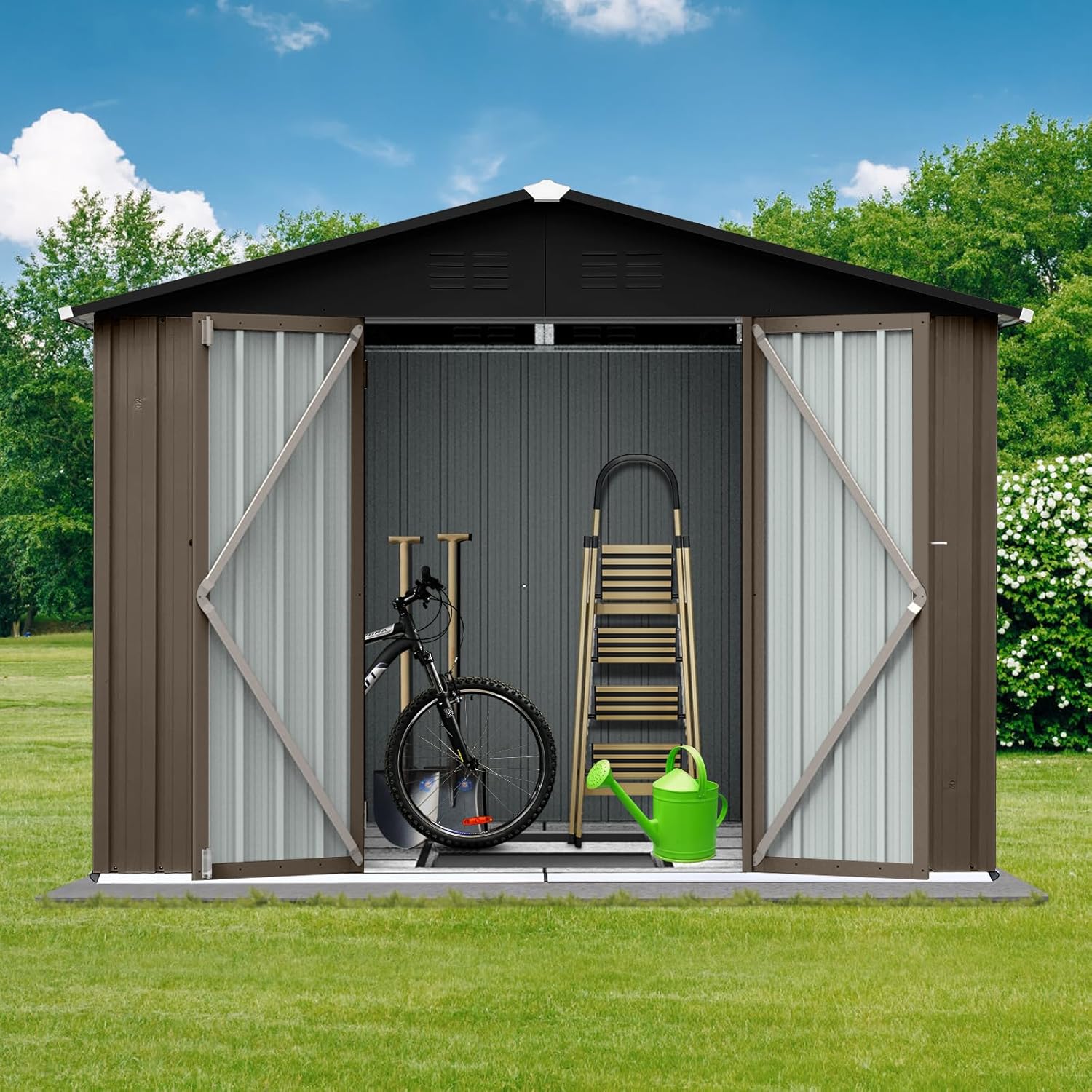 Metal Outdoor Storage Shed 8 x 6 FT, Steel Utility Tool Shed Storage House with Sloping Roof and Lockable Door, Waterproof Garden Storage Tool Shed for Backyard Patio Lawn (Brown, 8X6 FT)