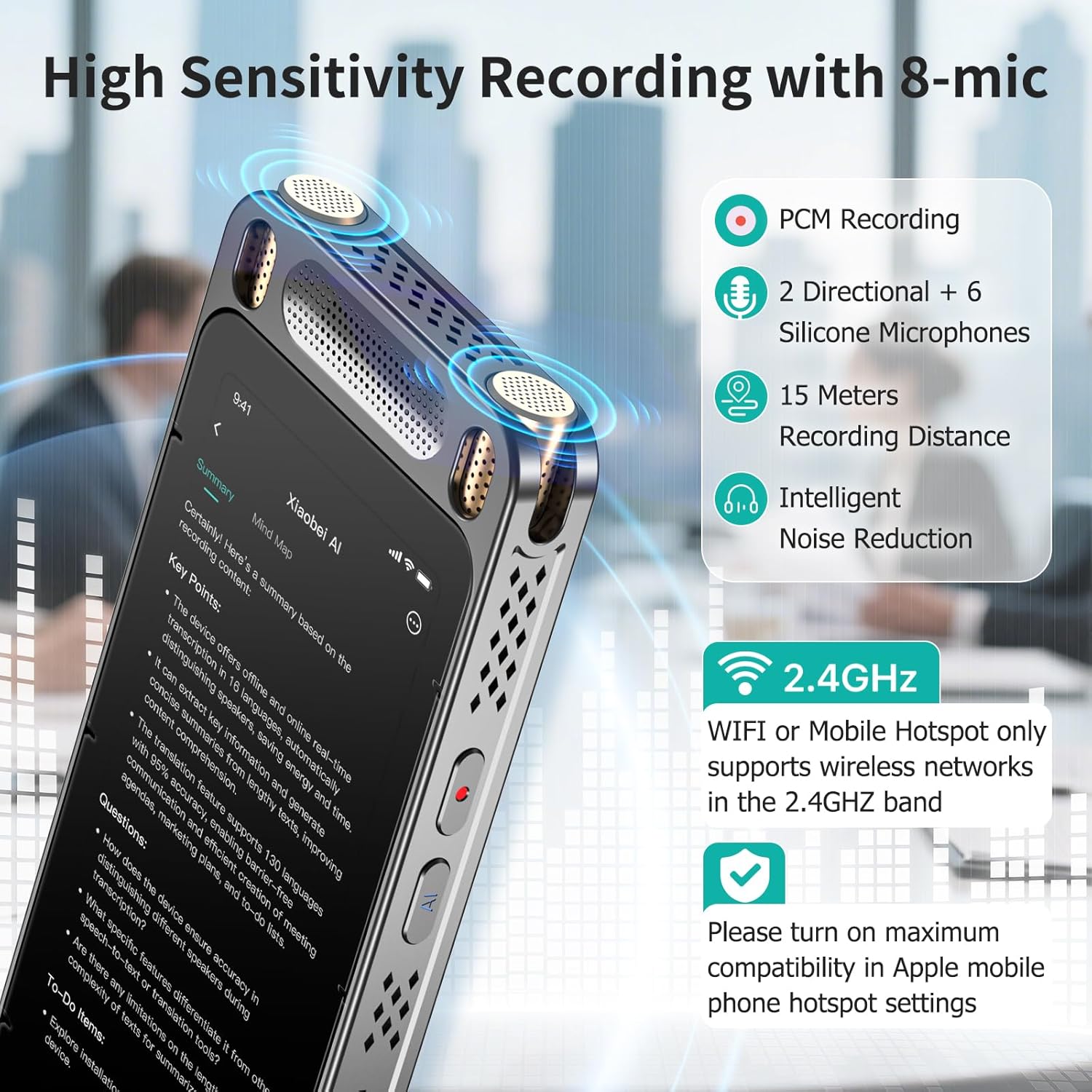 Online Offline Voice Recorder with Playback, AI Digital Voice Recorder with Free Transcription, 134 Languages Voice-to-Text, Noise Reduction, Professional Recorder Device for Meetings, Lectures