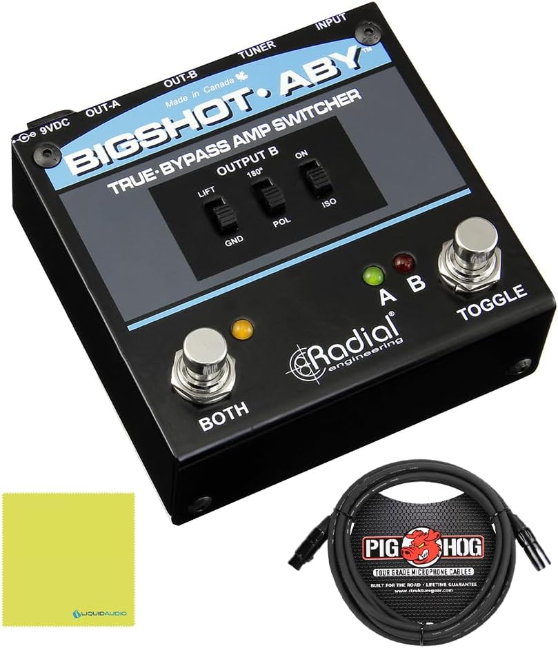Radial Bigshot ABY True Bypass Switcher Bundle with Pig Hog 10ft Microphone Cable and Liquid Audio Instrument Polishing Cloth - ABY Pedal, Amp Switcher Pedal