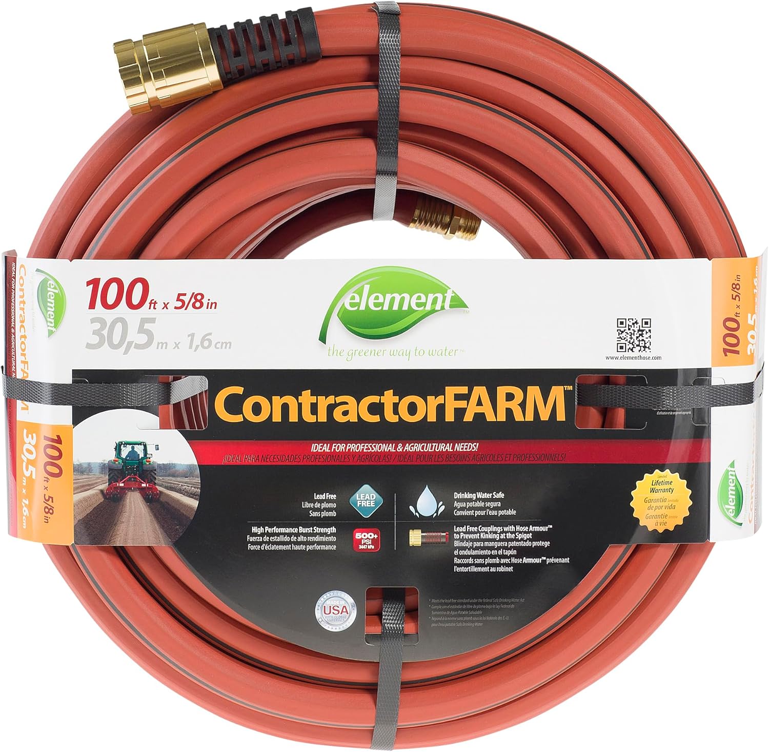 Element ContractorFARM Heavy Duty Watering Hose, 100' Length, 5/8