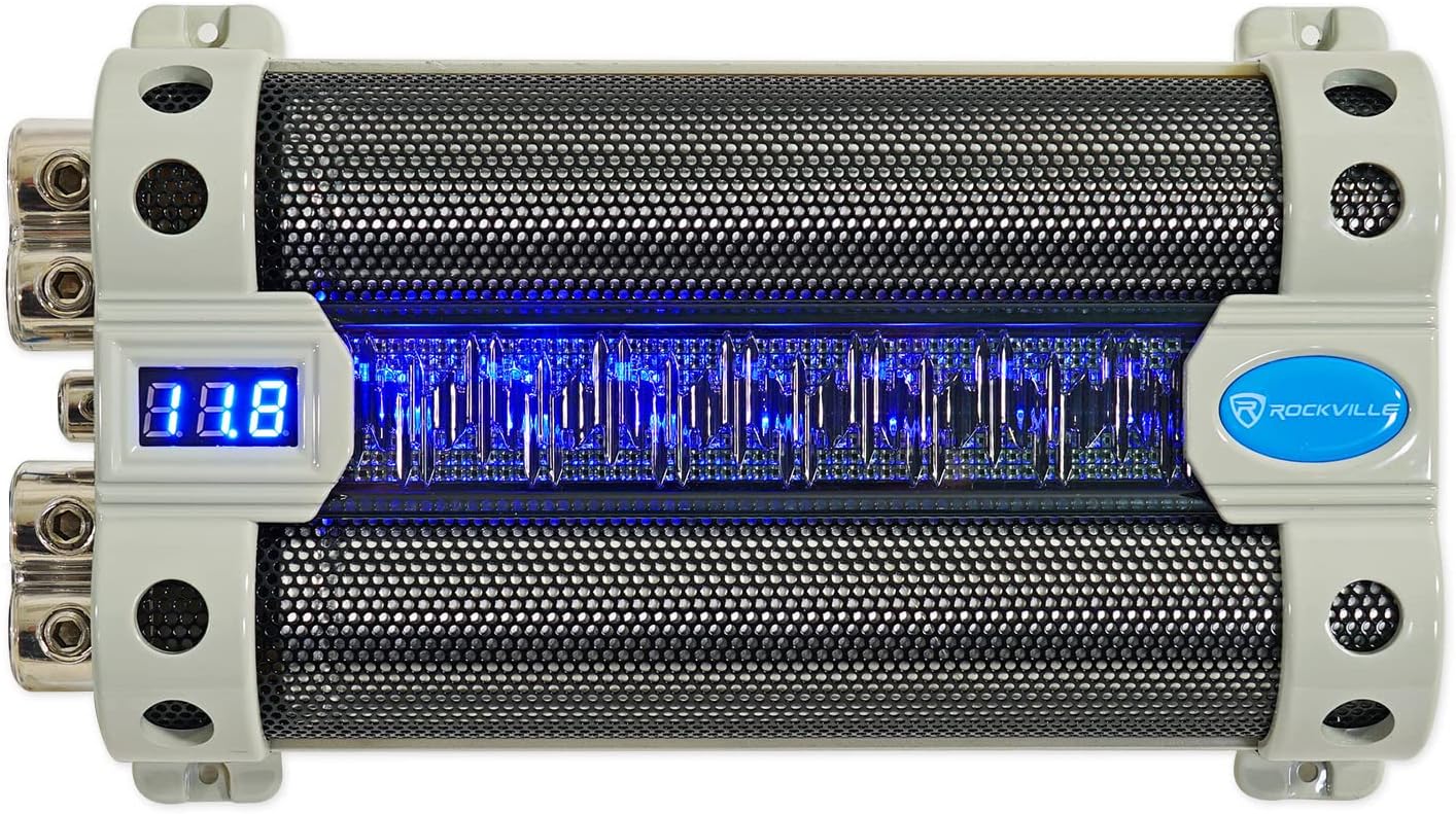 Rockville RFC30F 30 Farad Capacitor, Blue Voltage Display, LED Meter, Sleep Mode, Reverse Polarity Warning, for High-Power Car Audio Systems