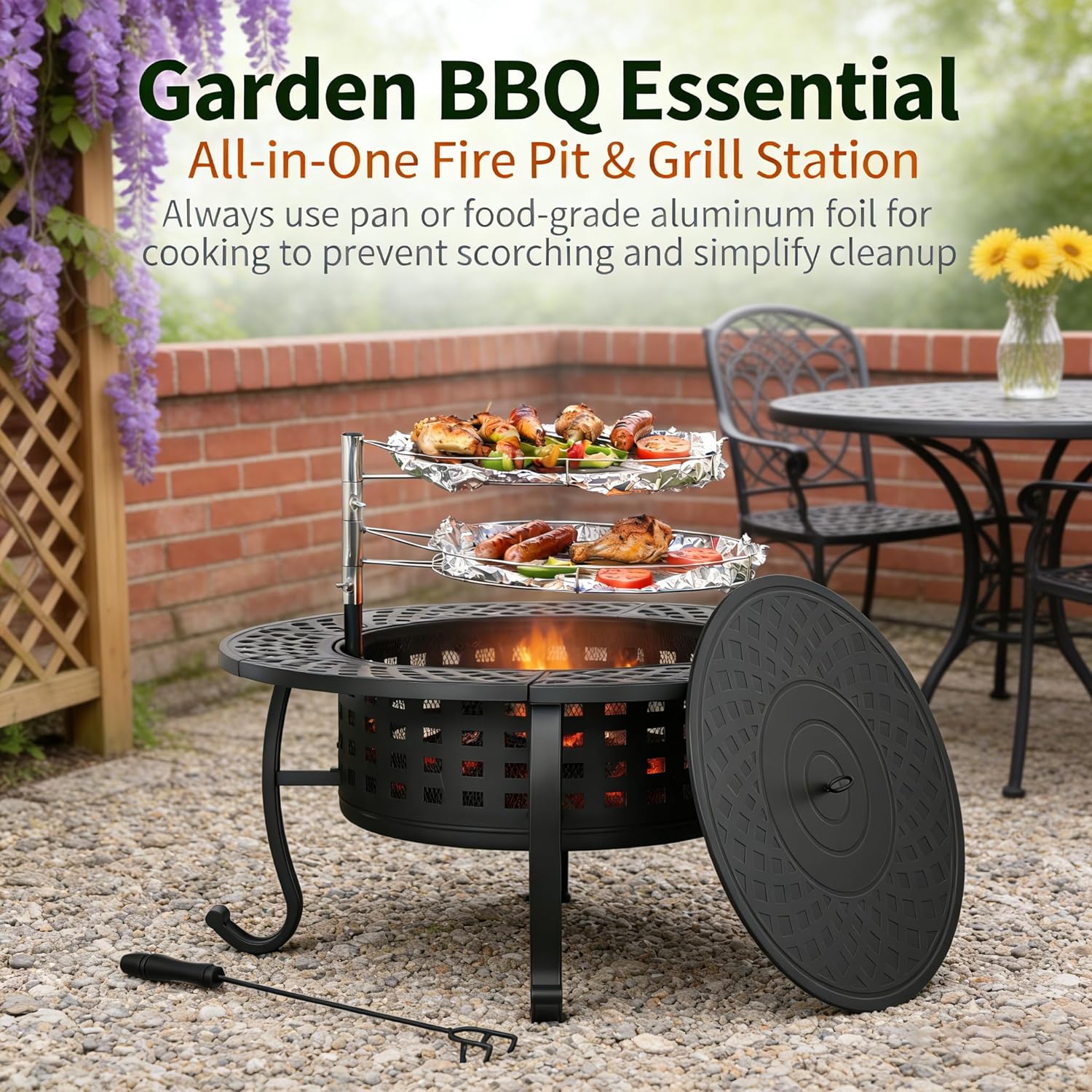 Dkelincs 36 Inch 3-in-1 Fire Pit Table, Wood Burning Outdoor Fire Pit with Rotating Grill & Lid for BBQ, Bonfire, Patio (Black)