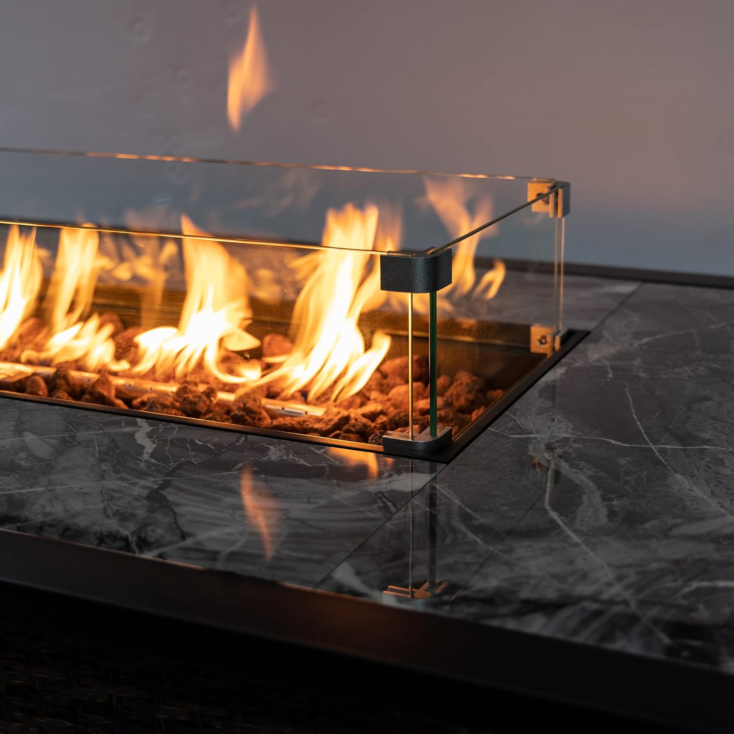 Propane Gas Outdoor Fire Pits Table with Tile Tabletop and Tempered Glass Around, 52 Inch Rectangular 50,000 BTU Auto-Ignition Wicker Base Fire Pit Table for Patio Garden Deck Backyard