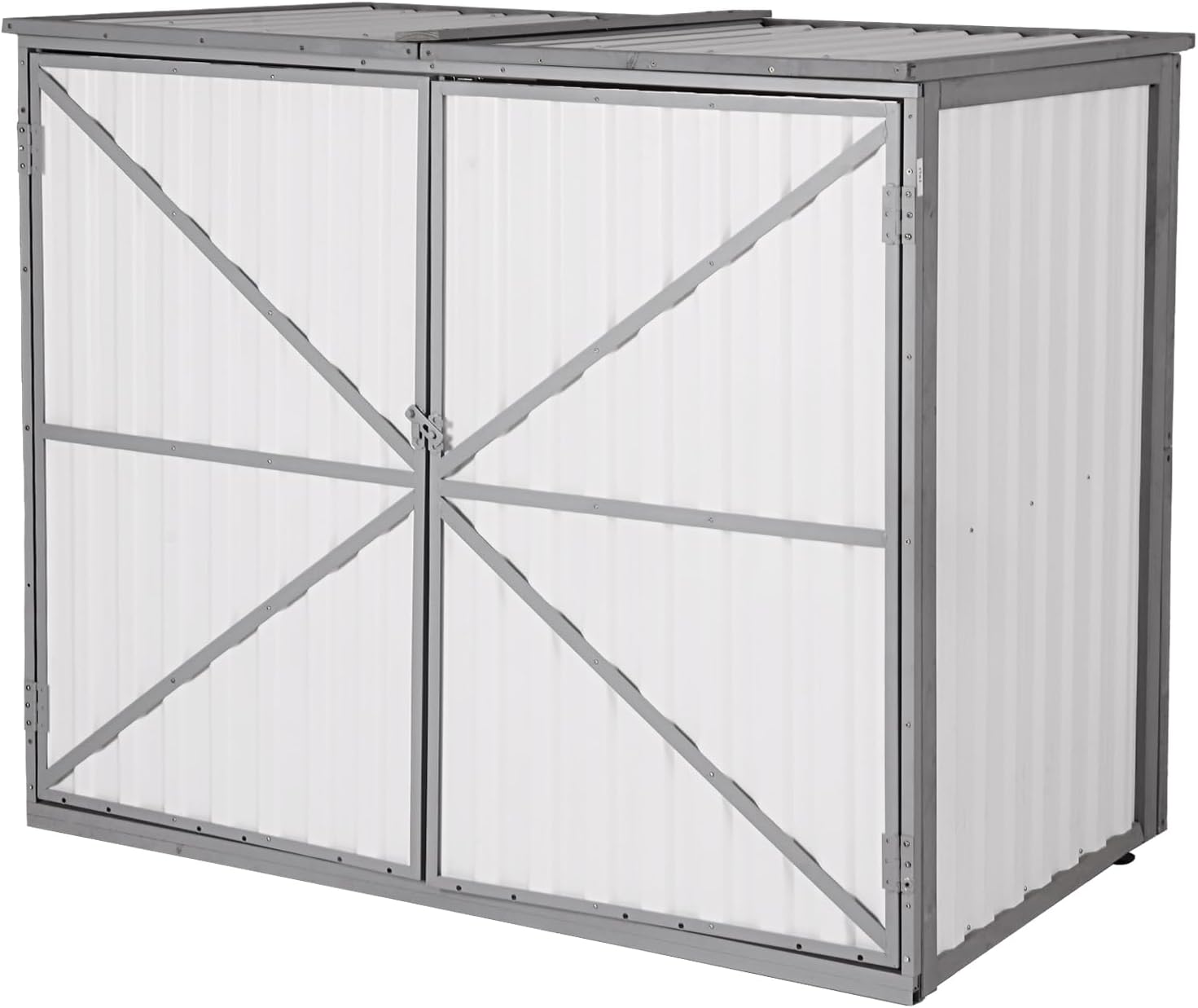 Outdoor Storage Shed with Metal and Wood Frame, Resin Garden Sheds with Removable Shelves and Floor, Weatherproof Plastic Roof Outdoor Trash Can Shed, Horizontal Storage Cabinet for Patio(White)