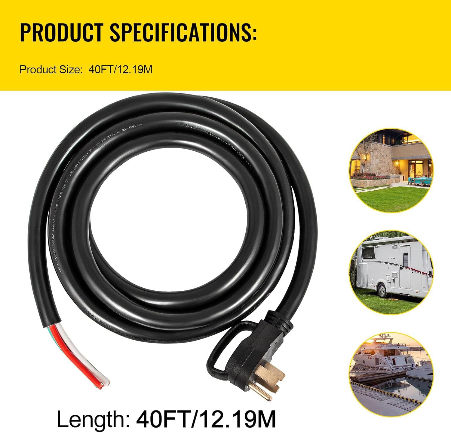 40Ft Generator Extension Cord, 50Amp 6 Gauge STW, N14-50P to Bare Wire Cut Cord for RVs, Motor Homes, and Portable Generators