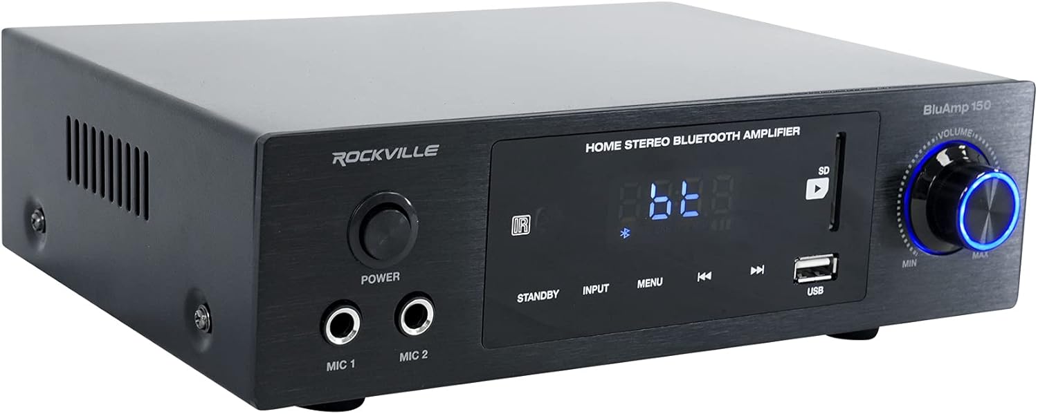 Rockville BLUAMP 150 75W x 2 Home Stereo Bluetooth Amplifier Receiver, 4-8 Ohm, Optical/Phono/RCA, Karaoke Mic Inputs, Bluetooth 5.0, for Home Theater and Vinyl