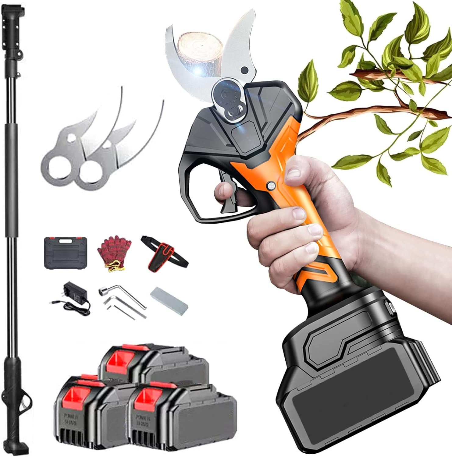 Electric Pruning Shears, Cordless Branch Power Pruner with 280cm High Reach Extension Pole, 70mm Cutting Diameter, 3x Rechargeable Battery, Rechargeable Garden Fruit Tree Flowering Bushes Trimmer