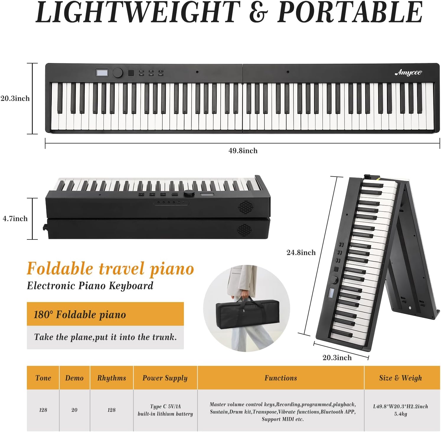 GAOMON Folding Piano Keyboard,Portable Piano Keyboard 88 Keys for Beginner,Full Size Digital Piano with Sustain Pedal,Headphones, Handbag, Bluetooth, USB MIDI for Beginner,Kids,Adult