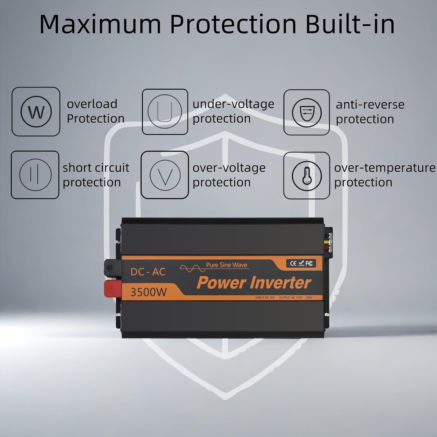 PowMr 3500W Pure Sine Wave Inverter 12V DC to 110V AC for Home, RV, Truck, Off-Grid, Solar Inverter with Dual AC, LCD, USB, Battery Cables for 12V Lead-Acid & Lithium Battery