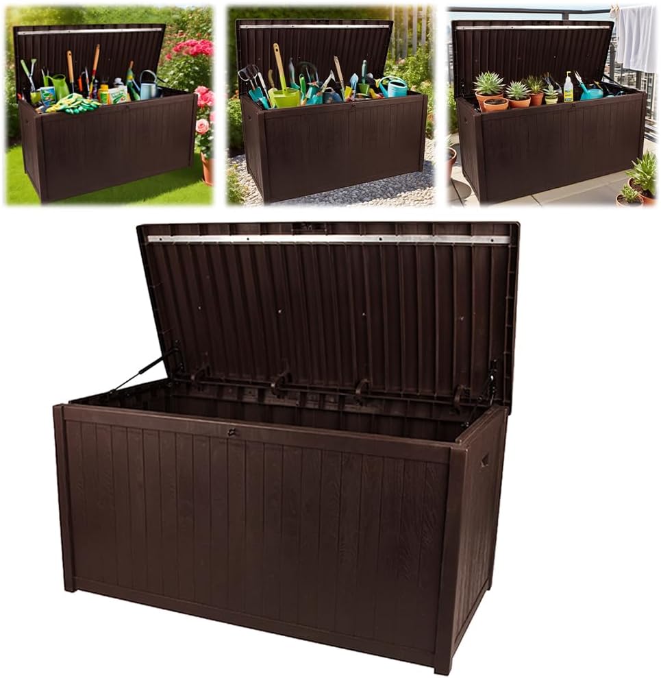Large Lockable Deck Box, Outdoor Waterproof Storage Chest for Patio Furniture Cushions, Garden Tools with Hydraulic Lid & Sun Resistance for Furniture Outdoor Cushions Garden Tools