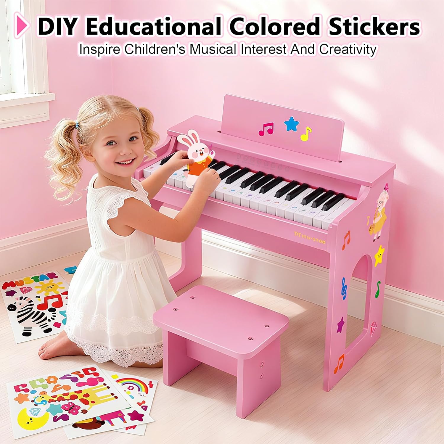 Kids Piano Keyboard, 37 Keys Wooden Digital Piano for Kids with Bench,Song Book, DIY Stickers, Cover, Education Creative Musical Instruments Toy for Boys & Grils Gifts
