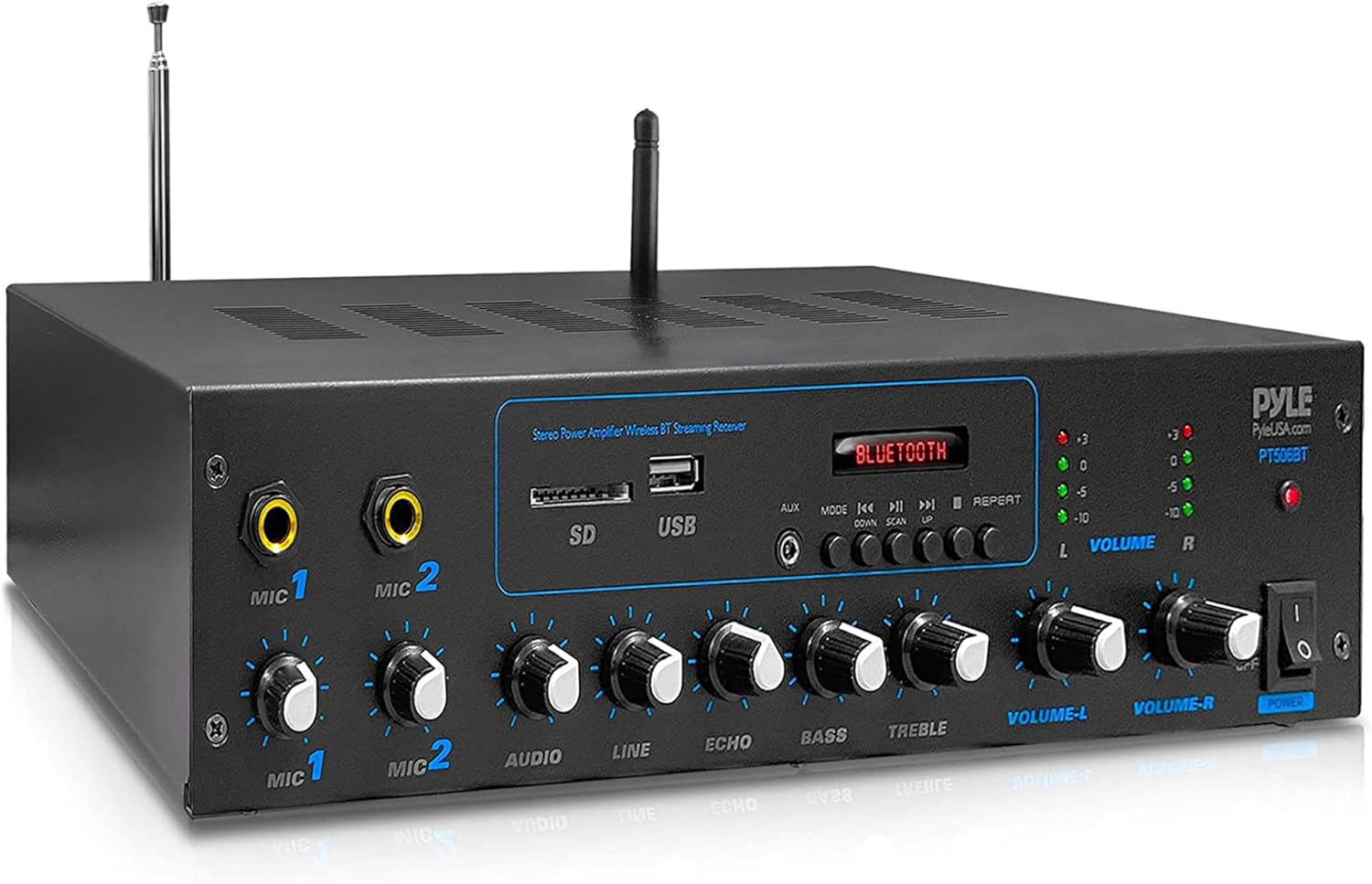 Pyle Professional Powered Amplifier & Bluetooth Receiver Stereo Audio System, FM Radio, (2) 1/4'' Microphone Input Jacks, MP3/USB/SD/AUX Playback, LCD Display ID3 Tag Readout 600 Watt - PT506BT.5