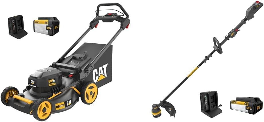 Cat DG670 60V 21” Cordless Lawn Mower 3-in-1 Cutting Modes, Brushless Battery Lawn Mower with TorqLogic & Cat DG610 60V 15” Brushless String Trimmer Cordless – Battery & Charger Included