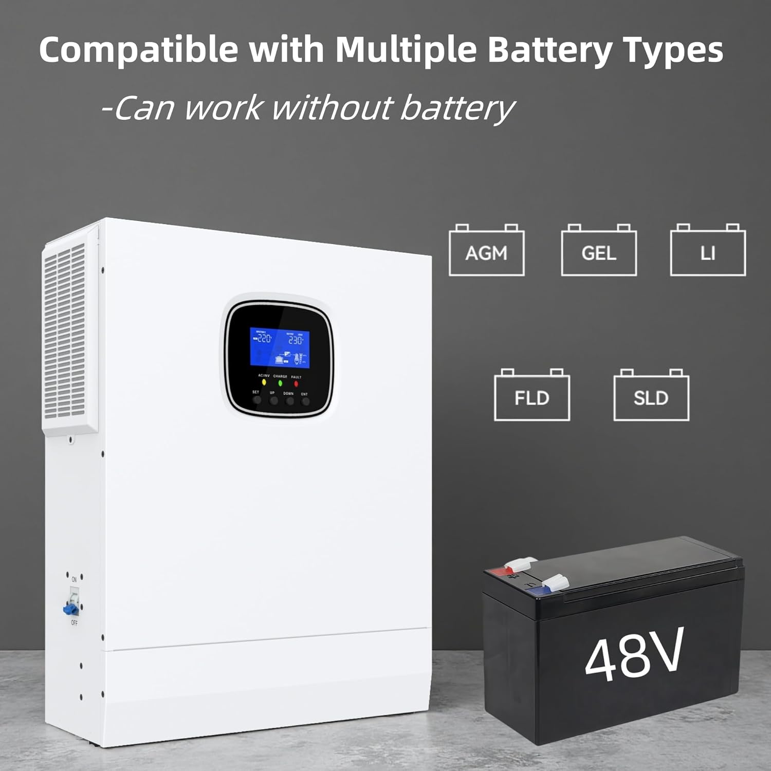 5000W Hybrid Solar Inverter 48VAC to 110V/120VAC, Built-in 80A MPPT Solar Charge Controller, Max.PV Input 5500W, 500VDC, 22A, Work w/ 48V Lead Acid/Lithium Batteries, for Home,RV,Truck