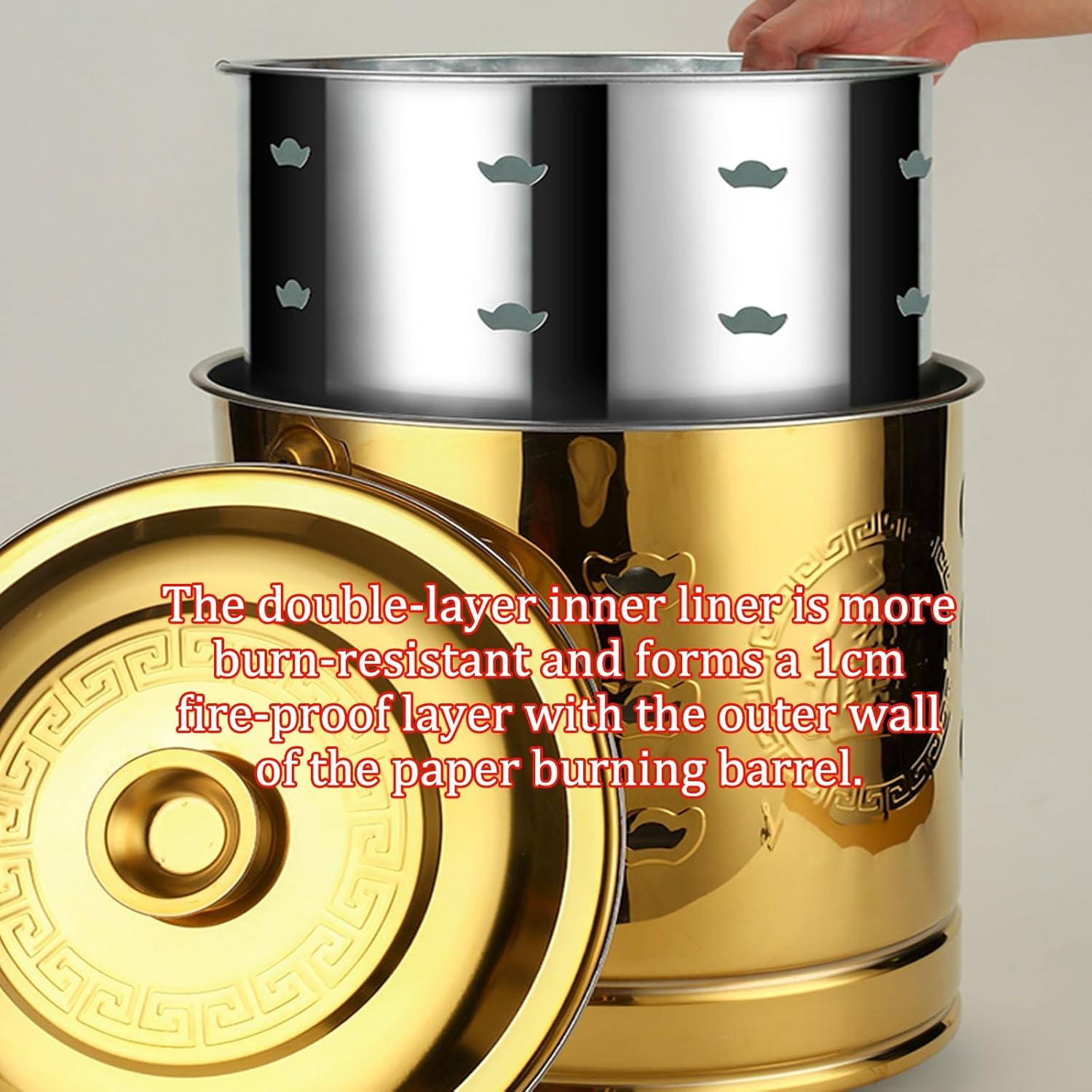Garden Stainless Steel Outdoor Smokeless Burn Barrels Outside Incinerator Fire Pit for Burning Trash, Burn Cage with Fire Hooks & Handle Bonfire Incineration Barrel for Backyard Leaf Paper Wood.(Gold,