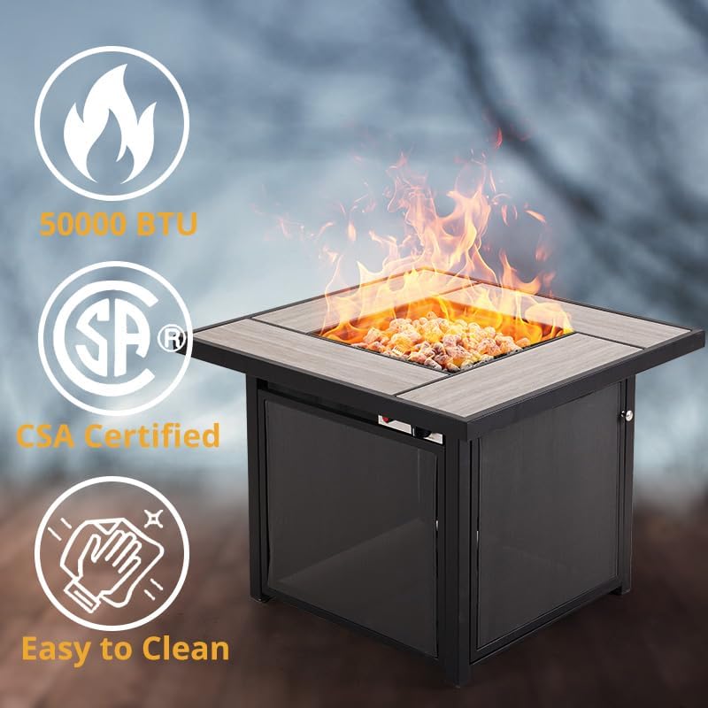 Propane Fire Pit Table, 32 Inch Square Outdoor Gas Fire Pits Clearance 50,000 BTU with Ceramic Tile Tabletop, Removable Lid, Lava Rocks for Outside Patio, Garden, Deck, Yard…