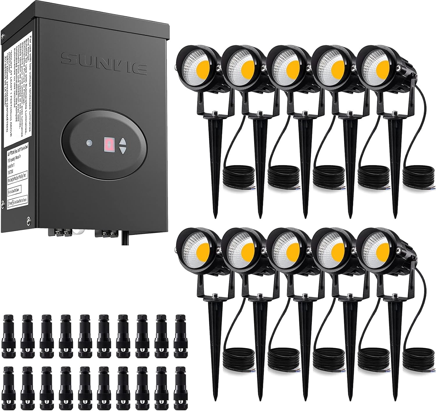 SUNVIE 10 Pack 12W Low Voltage Landscape Lights LED Landscape Lighting AC/DC 12V-24V Outdoor Spotlight, 200W Low Voltage Transformer Waterproof Landscape Lighting Transformer with Timer and Photocell