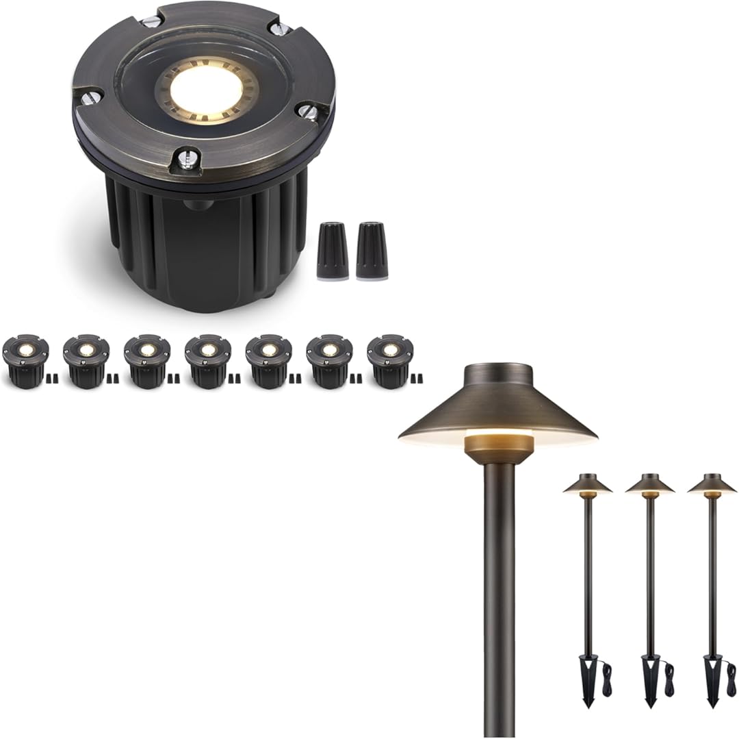 Gardenreet Low Voltage Landscape In Ground Light Bundle, 8-Pack Brass 12V Well Lights Wired, 4-Pack Brass LED Pathway Lights Outdoor, IP65 Waterproof Without Bulb